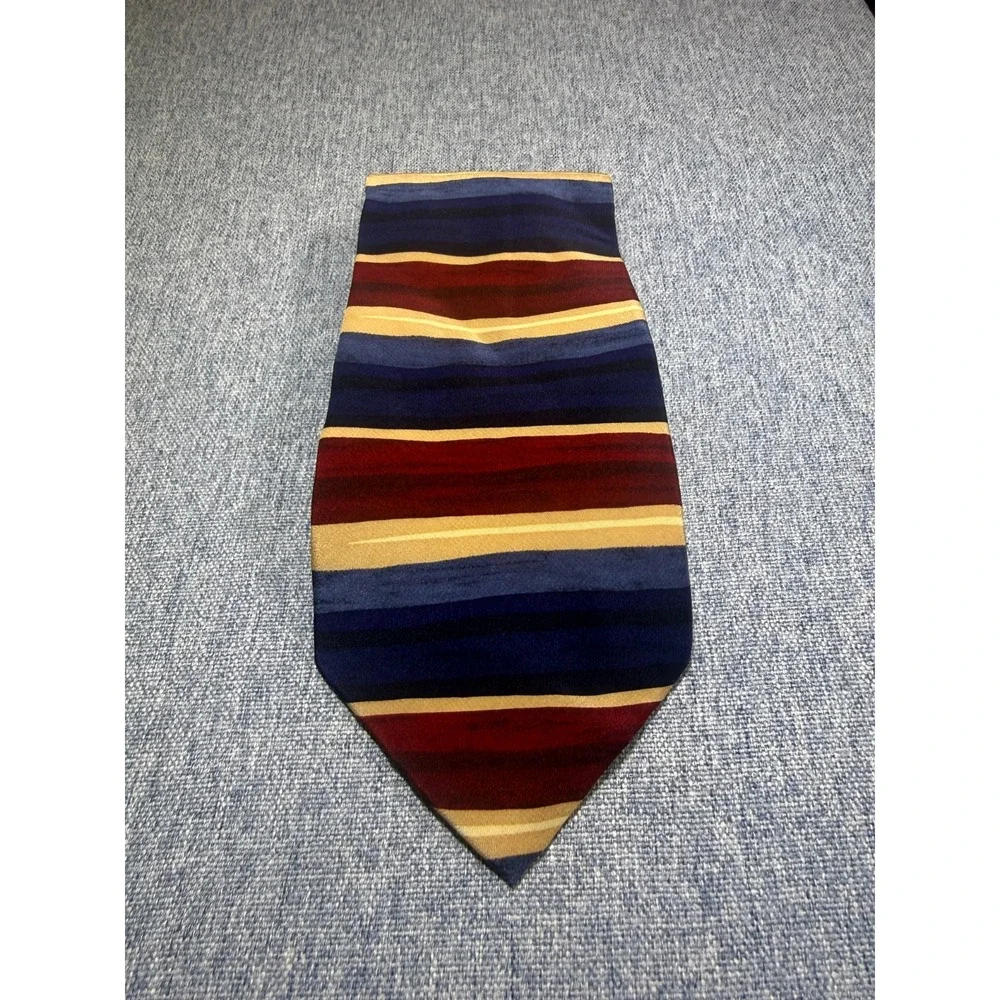 Vintage John Henry 100% Silk Necktie Horizontal Stripe Red Navy Gold